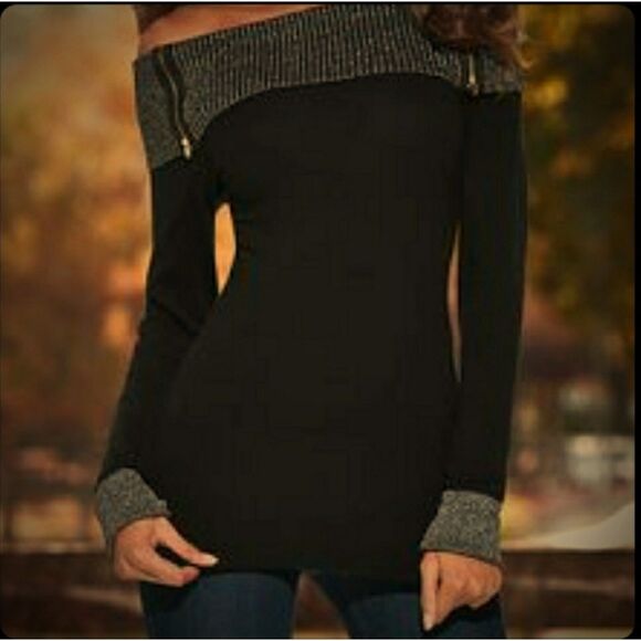Venus Black Silver Metallic Exposed Zipper Off the Shoulder Sweater Women Small - Picture 1 of 4